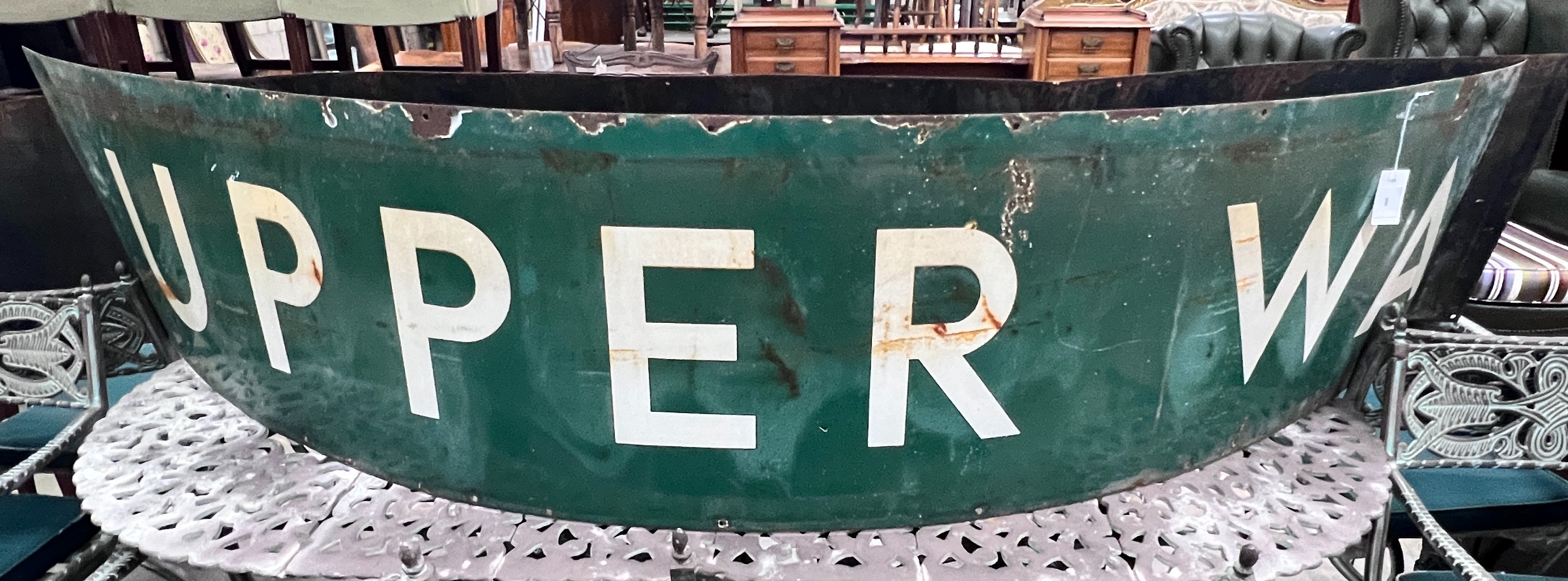 A vintage green and white enamelled railway platform sign for Upper Warlingham, in two sections, approximately complete length 514cm